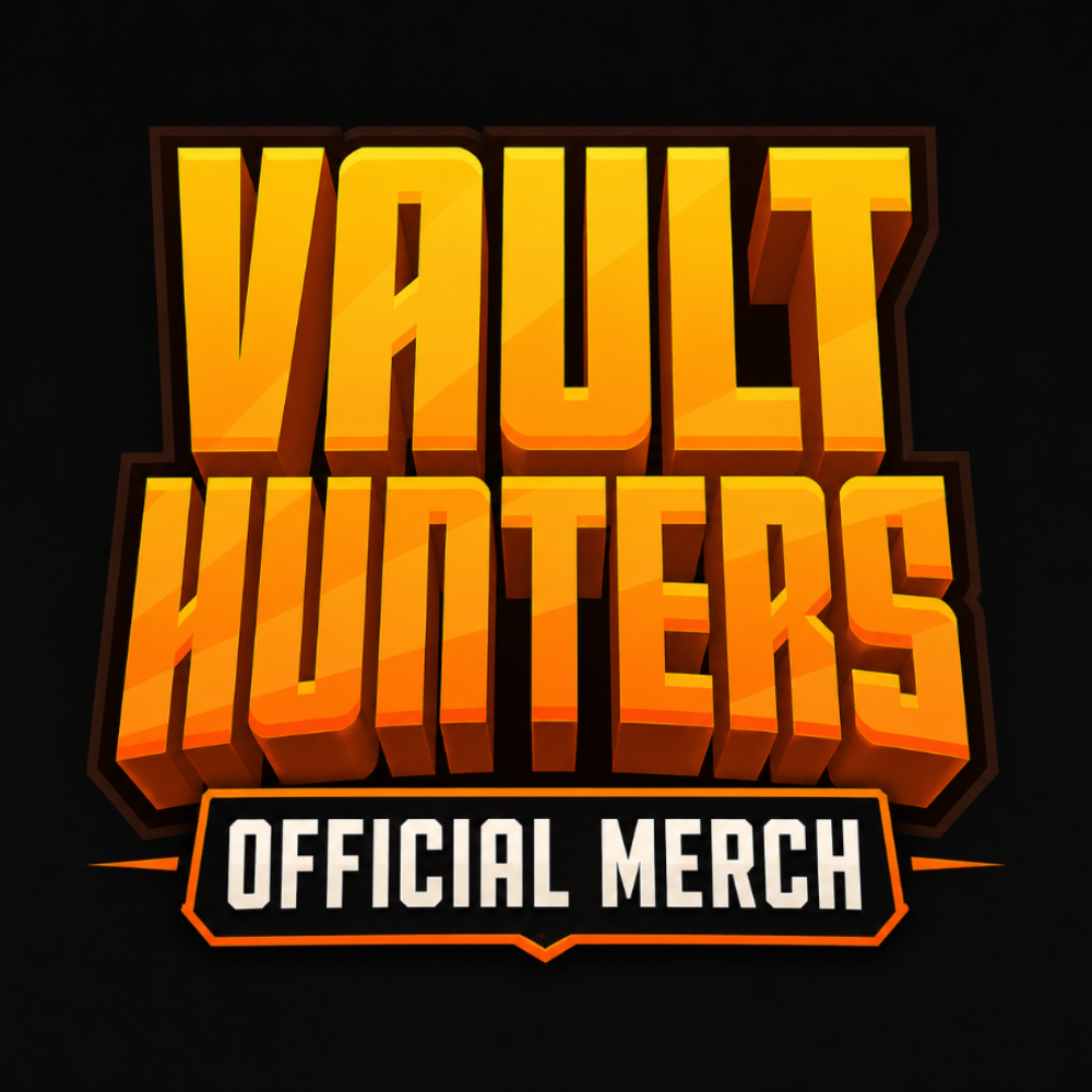 Logo for 'Vault Hunters Official Merch' with orange text on a black background
