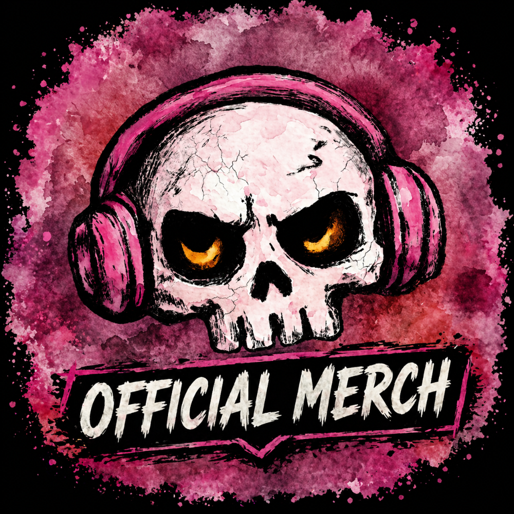 Skull with headphones and 'Official Merch' text on a pink and black background